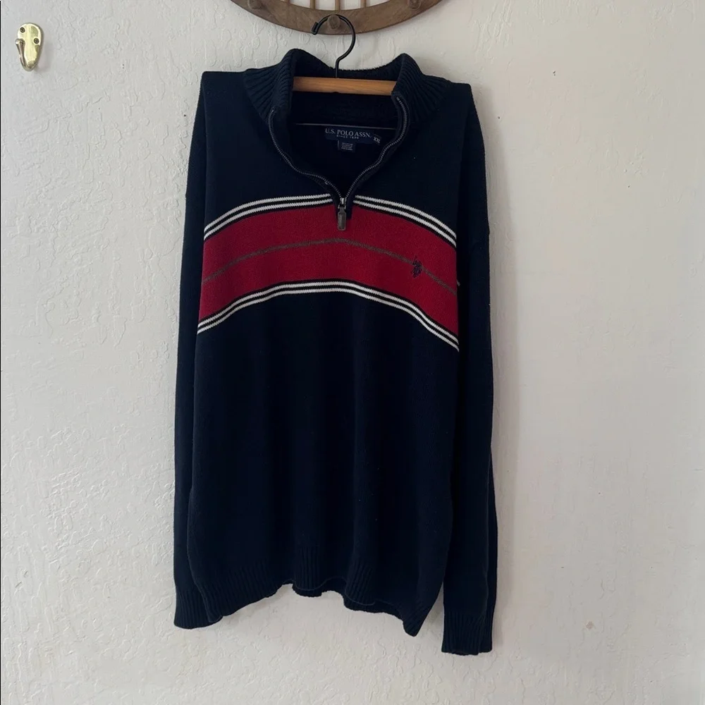 US Polo ASSN 1/4 Zip Pullover Long Sleeve Blue Red Striped Sweater Mens XXL